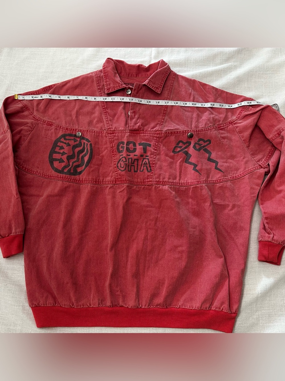 Coral Red Button-Up Jacket with Black Graphic Patch